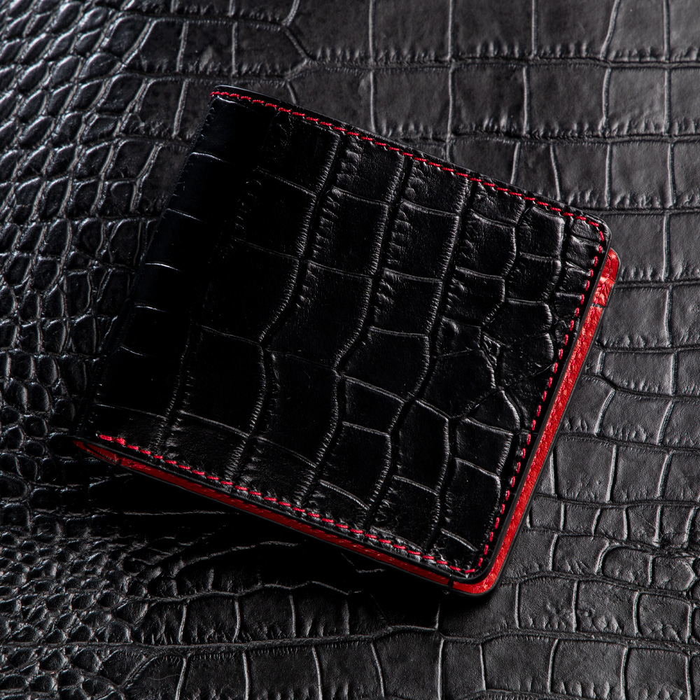 二つ折り財布 クロコ型押しブラック | 革製品専門店HEDGE(ヘッジ)公式