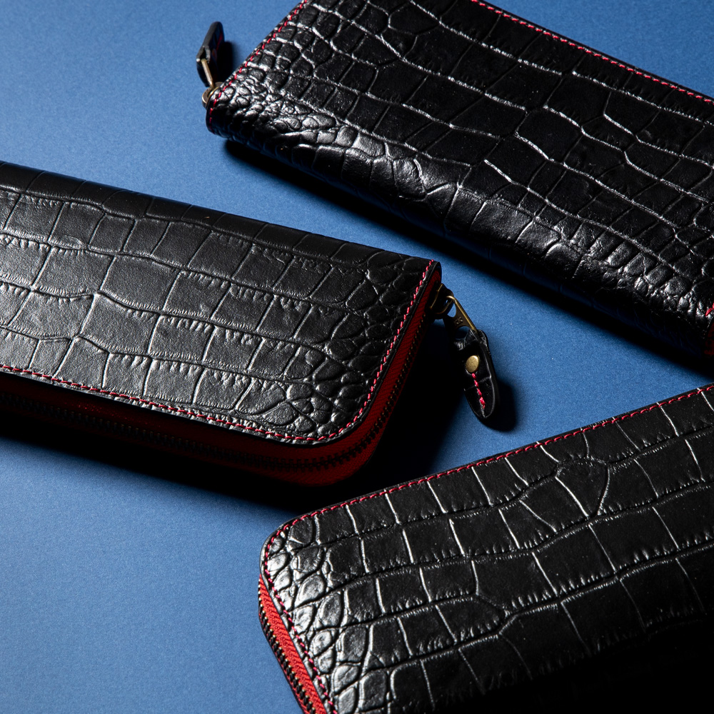 ファスナー長財布 クロコ型押しブラック