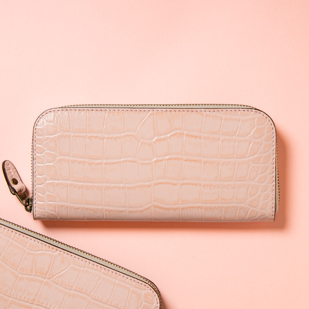 ファスナー長財布 クロコ型押しベビーピンク